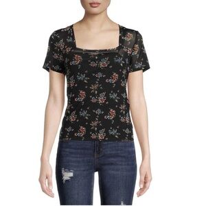 No Boundaries Junior’s Floral Print Mesh Semi-Sheer Top with Built-In Black Cami